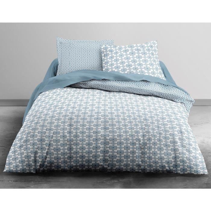 FINLANDEK Parure de couette Klaara 100% coton - 1 housse de couette 140x200 cm + 1 taie d'oreiller 65x65 cm bleu récif