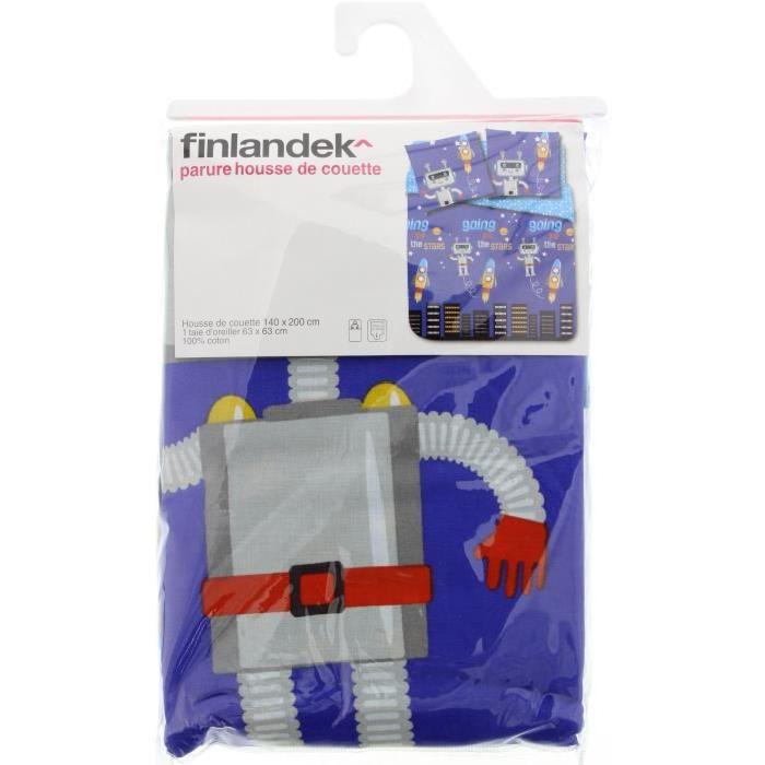 FINLANDEK Parure de couette Robot 100% coton - 1 housse de couette 140x200 cm + 1 taie d'oreiller 63x63 cm bleu