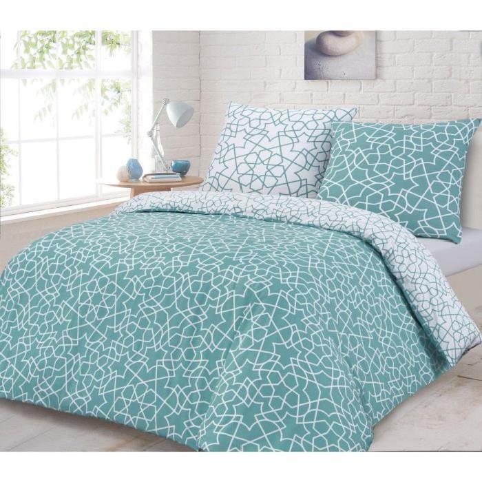 FINLANDEK Parure de couette Tynne 100% coton - 1 housse de couette 240x260 cm + 2 taies d'oreiller a volant plat vert