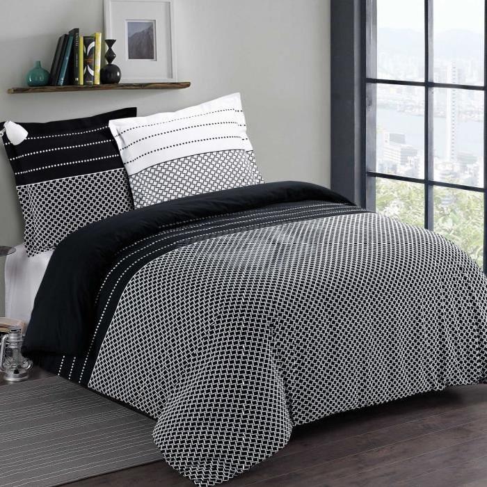 FINLANDEK Parure de couette Vilja 100% coton - 1 housse de couette 220x240 cm + 2 taies d'oreiller gris et noir