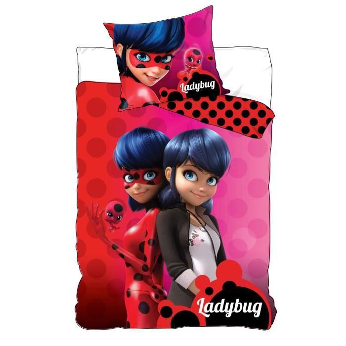 Parure de couette microfibre MIRACULOUS LADYBUG - 1 housse de couette 140x200cm + 1 taie d'oreiller 63x63cm rouge et rose