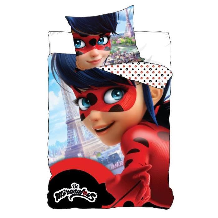 Parure de couette Microfibre MIRACULOUS LADYBUG - 1 housse de couette 140x200cm + 1 taie d'oreiller 63x63cm rouge et noir