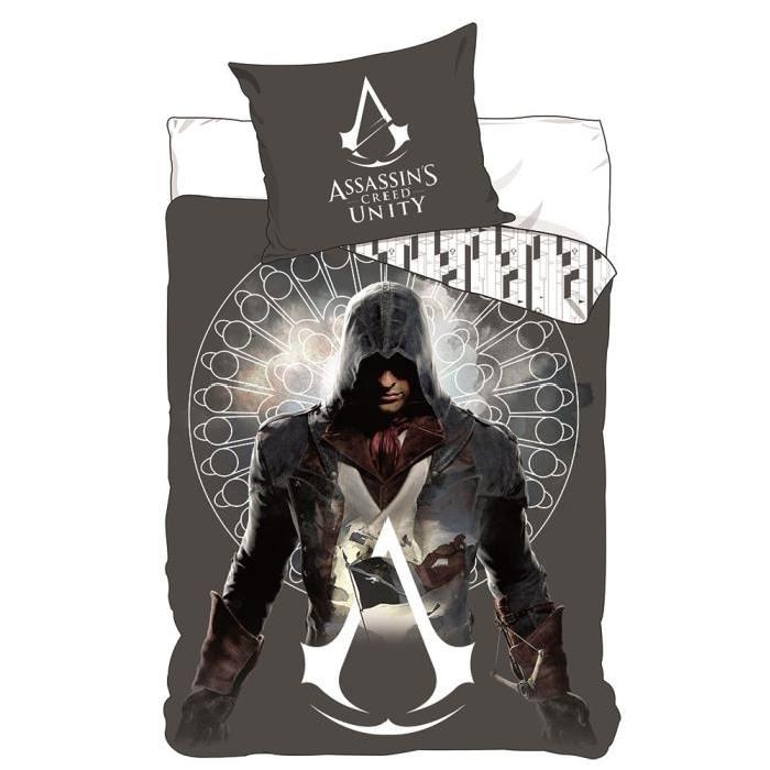 ASSASSIN CREED UNITY Parure de couette Microfibre - 1 housse de couette 140x200 cm + 1 taie d'oreiller 63x63 cm gris