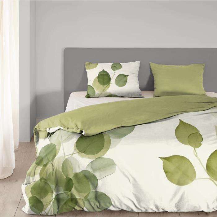 GOOD MORNING Parure de couette Coton LEAVES - 1 housse de couette 140x200cm + 1 taie d'oreiller 60x70cm - Vert