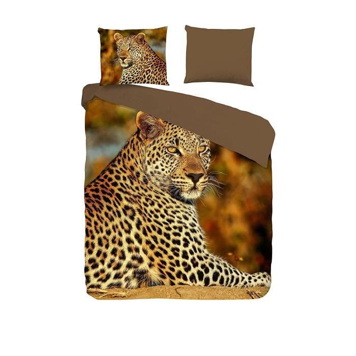 GOOD MORNING Parure de couette Coton Leopard - 1 housse de couette 200x200cm + 2 taies d'oreiller 60x70cm - Multicouleurs