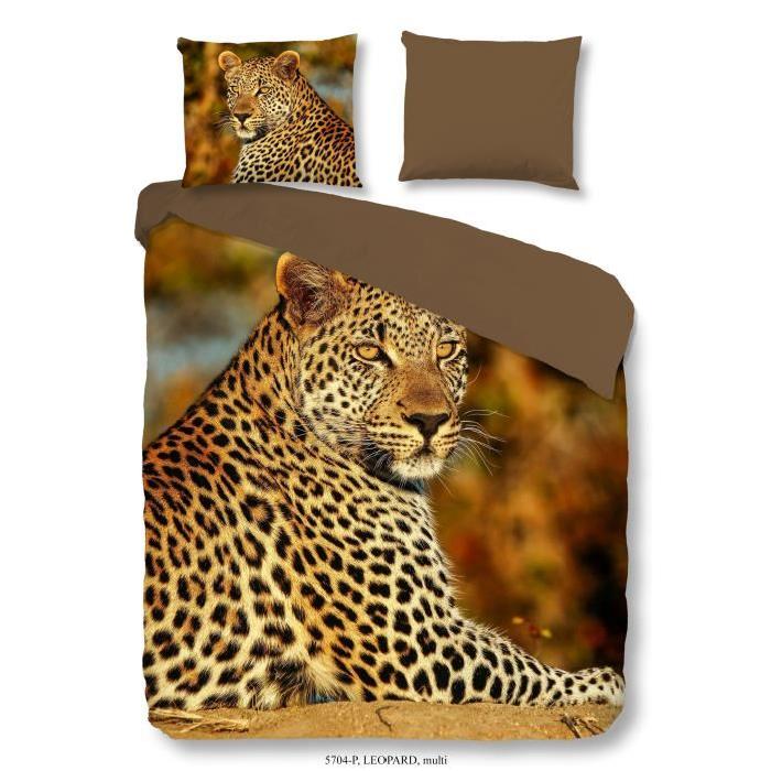 GOOD MORNING Parure de couette Coton Leopard - 1 housse de couette 220x240cm + 2 taies d'oreiller 60x70cm - Multicouleurs