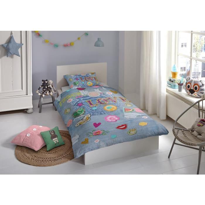 GOOD MORNING Parure de couette Coton PATCHY - 1 housse de couette 140x200cm + 1 taie d'oreiller 60x70cm - Bleu jeans