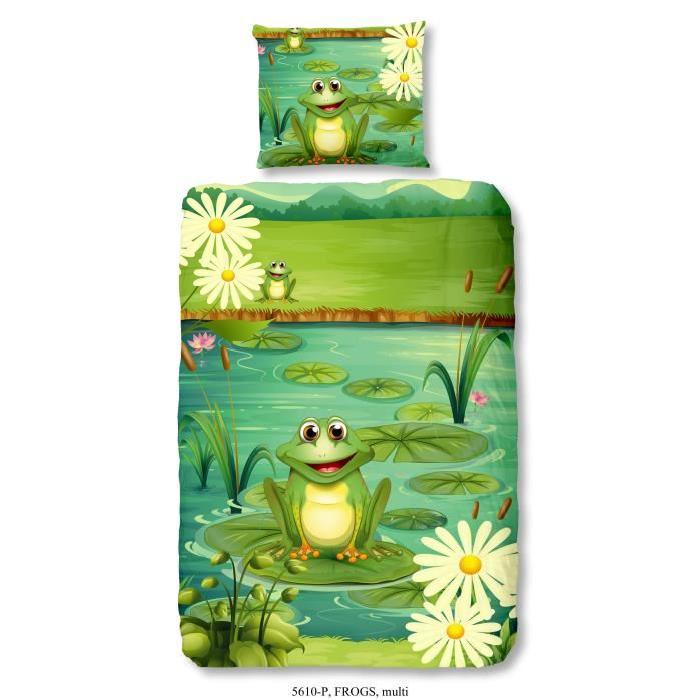 GOOD MORNING Parure de couette Coton FROGS - 1 housse de couette 140x200cm + 1 taie d'oreiller 60x70cm - Vert