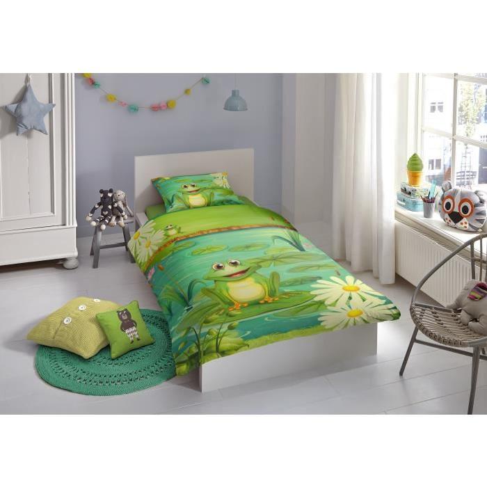 GOOD MORNING Parure de couette Coton FROGS - 1 housse de couette 140x200cm + 1 taie d'oreiller 60x70cm - Vert