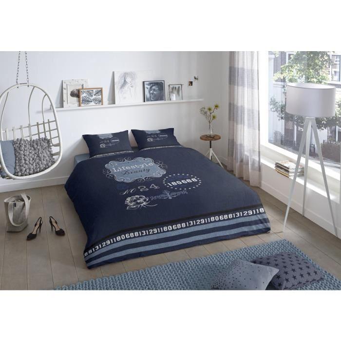 GOOD MORNING Parure de couette Coton Lifestyle - 1 housse de couette 140x200cm + 1 taie d'oreiller 60x70cm - Bleu