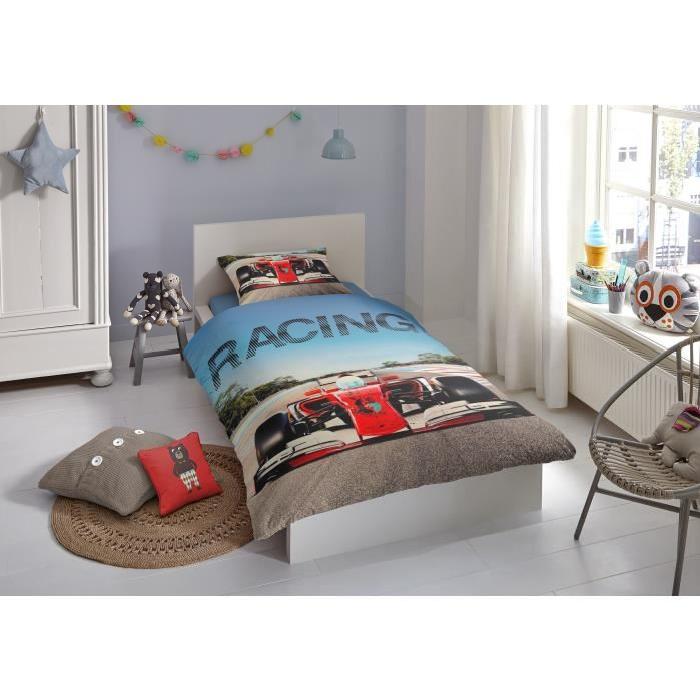 GOOD MORNING Parure de couette Coton RACING - 1 housse de couette 140x200cm + 1 taie d'oreiller 60x70cm - Multicolore