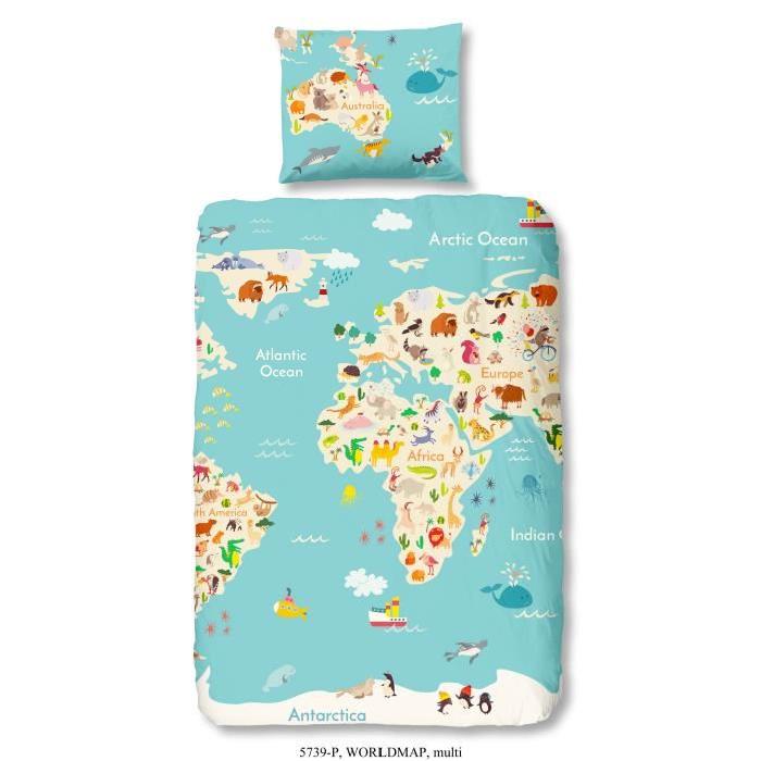 GOOD MORNING Parure de couette Coton WORLDMAP - 1 housse de couette 140x200cm + 1 taie d'oreiller 60x70cm - Turquoise