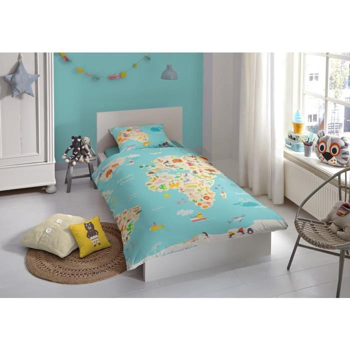 GOOD MORNING Parure de couette Coton WORLDMAP - 1 housse de couette 140x200cm + 1 taie d'oreiller 60x70cm - Turquoise