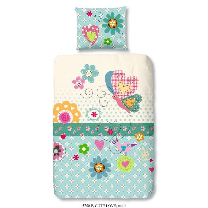 GOOD MORNING Parure de couette Coton CUTE LOVE - 1 housse de couette 140x200cm + 1 taie d'oreiller 60x70cm - Multicolore