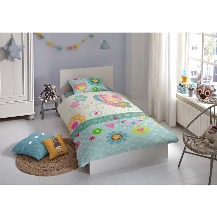 GOOD MORNING Parure de couette Coton CUTE LOVE - 1 housse de couette 140x200cm + 1 taie d'oreiller 60x70cm - Multicolore