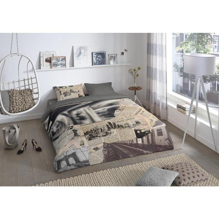 GOOD MORNING Parure de couette Coton Santiago - 1 housse de couette 140x200cm + 1 taie d'oreiller 60x70cm - Gris