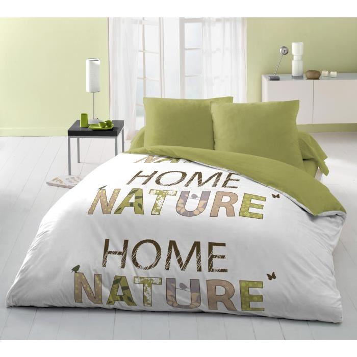 Parure de couette microfibre HOME NATURE - une housse de couette 220x240cm + 2 taies d'oreillers 63x63cm vert et blanc