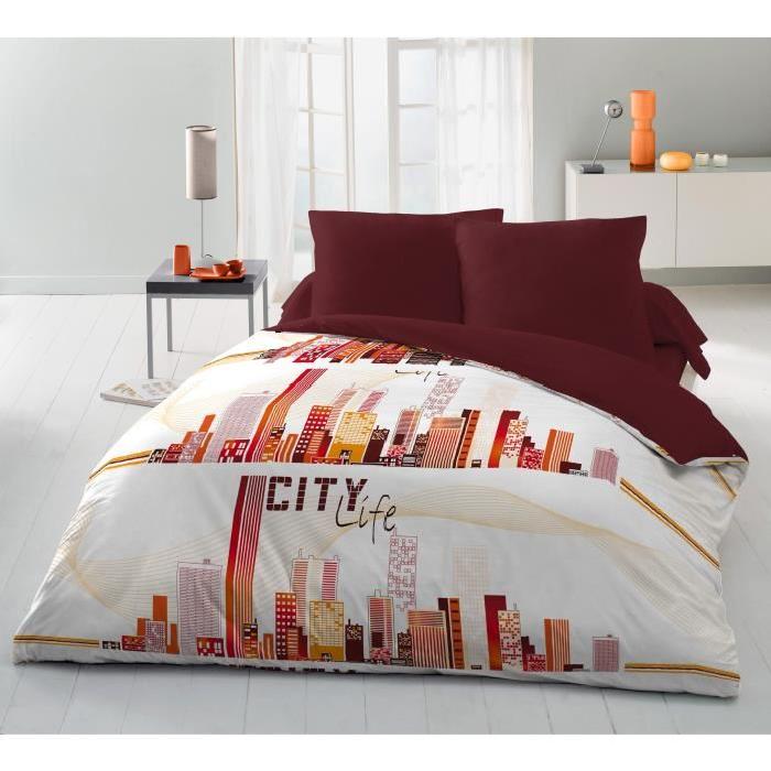 Parure de couette microfibre CITY LIFE - une housse de couette 220x240cm + 2 taies d'oreillers 63x63cm rouge, orange et blanc