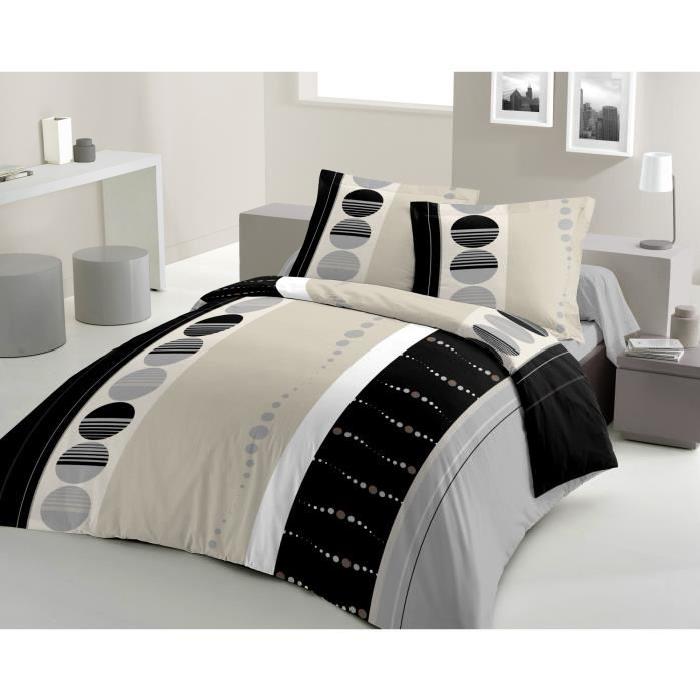 LOVELY HOME Parure de couette SILICIUM 100% coton - 1 housse de couette 220x240cm + 2 taies d'oreillers 65x65cm - Noir et gris