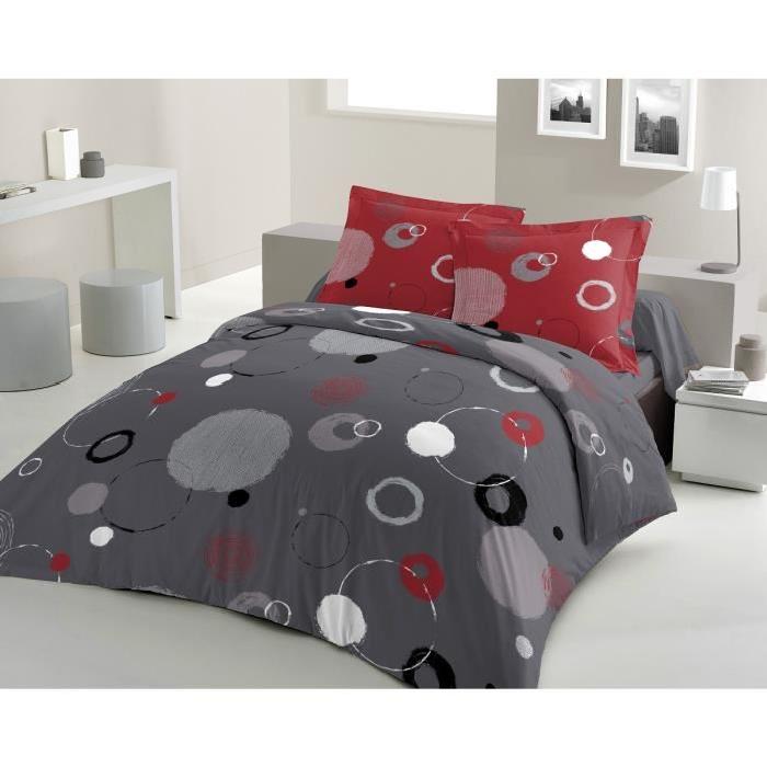 LOVELY HOME Parure de couette Pixiz 100% coton - 1 housse de couette 200x200 cm + 2 taies d'oreiller 65x65 cm rouge