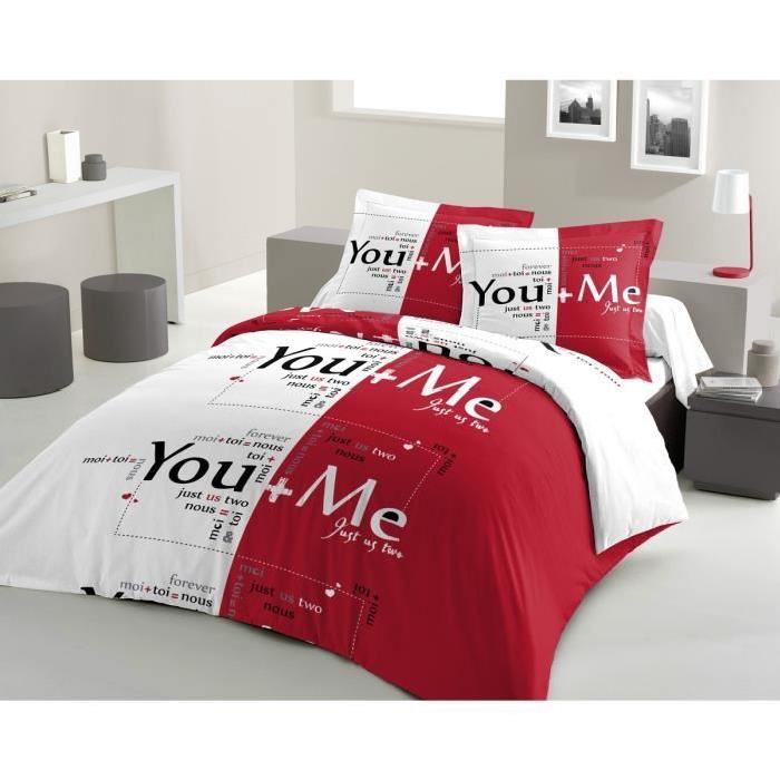 LOVELY HOME Parure de couette You and Me 100% coton - 1 housse de couette 220x240 cm + 2 taies d'oreillers 65x65 cm rouge et