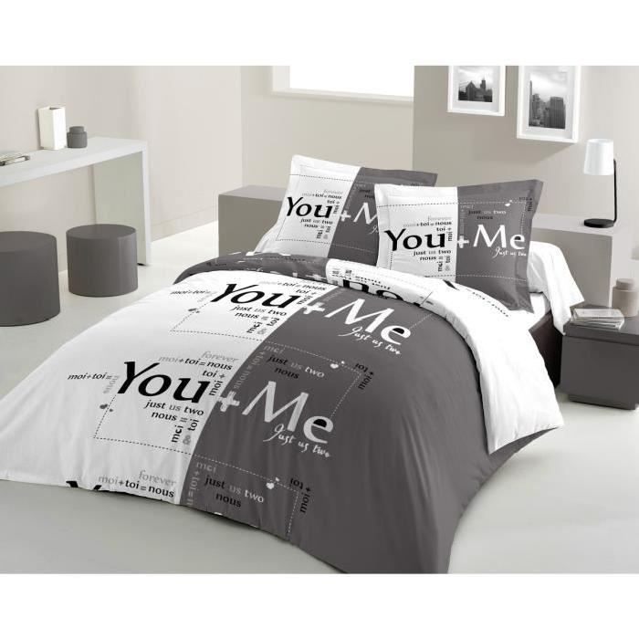 LOVELY HOME Parure de couette You & Me 100% coton - 1 housse de couette 220x240cm + 2 taies d'oreillers 65x65cm anthracite et