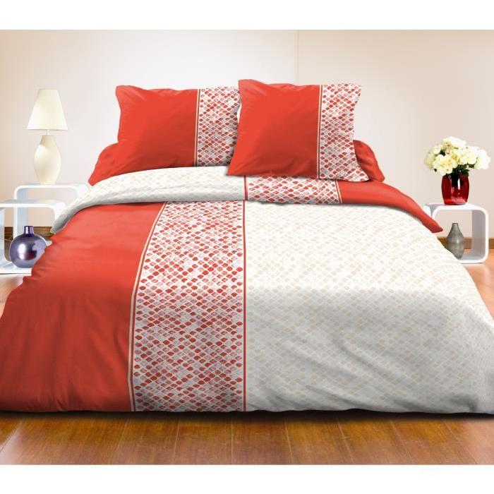 Parure de couette 100% coton BAYONNE - une housse de couette 220x240cm + 2 taies d'oreillers 63x63cm orange et blanc