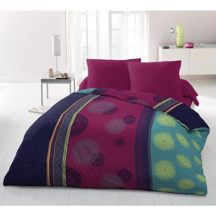 Parure de couette Microfibre ANTALYS VOYAGE - 1 housse de couette 220x240 cm + 2 taies 63x63 cm violet, marine, turquoise et