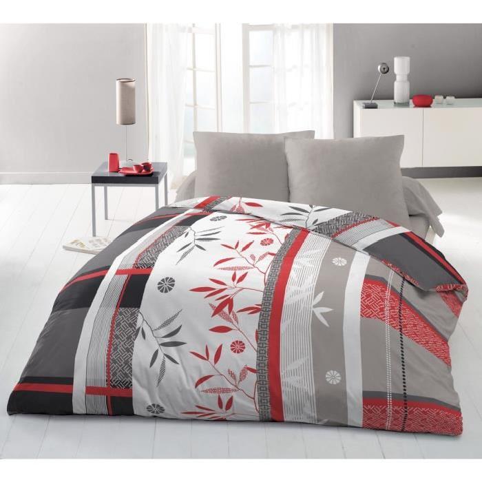 Parure de couette Microfibre JAPANESE BAMBOO - 1 housse de couette 220x240 cm + 2 taies 63x63 cm gris, rouge et blanc