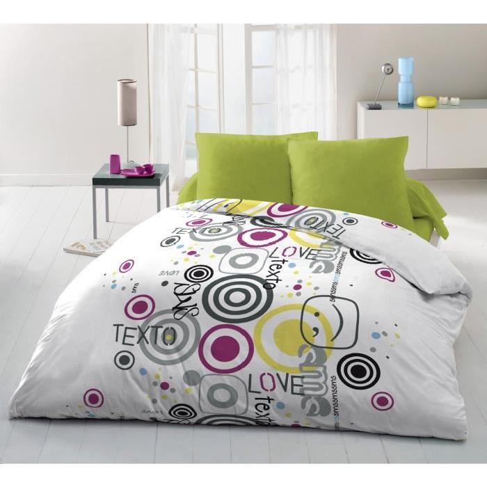 Parure de couette Microfibre SMS TEXTO - 1 housse de couette 220x240 cm + 2 taies 63x63 cm blanc, vert, gris et jaune