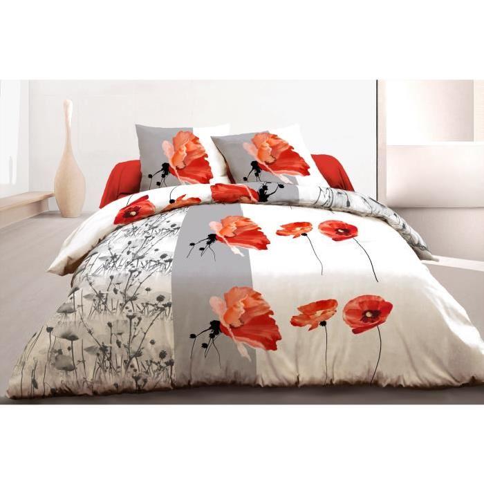 Parure de couette 100% Coton PRINTEMPS - 1 housse de couette 220x240 cm + 2 taies d'oreillers 63x63 cm blanc, gris et rouge