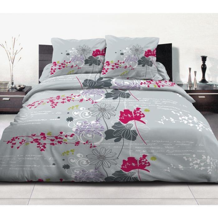 Parure de couette 100% Coton PoeME - 1 housse de couette 220x240 cm + 2 taies d'oreillers 63x63 cm gris, blanc et rouge