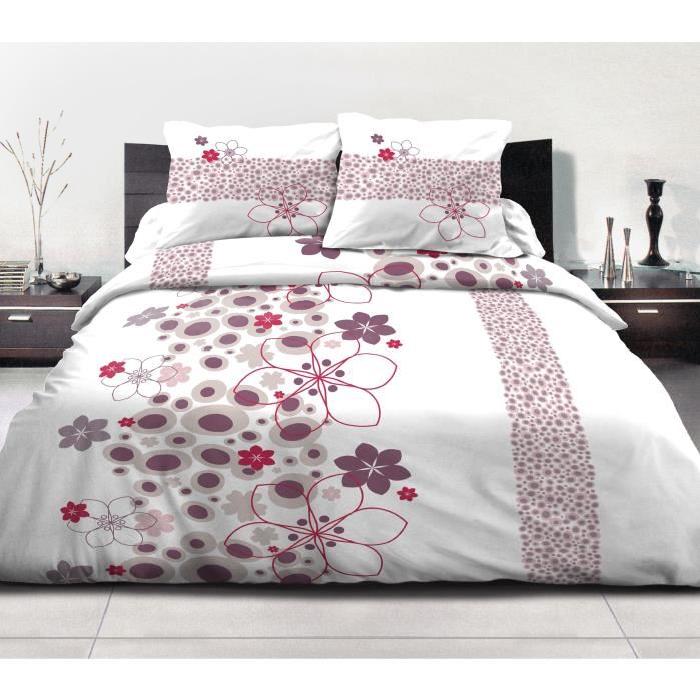 Parure de couette 100% Coton CHEMIN FLEURI - 1 housse de couette 220x240 cm + 2 taies d'oreillers 63x63 cm blanc, rouge et