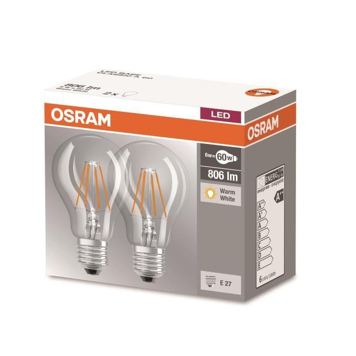 OSRAM Lot de 2 Ampoules LED E27 standard claire 6W équivalent a 60W blanc chaud