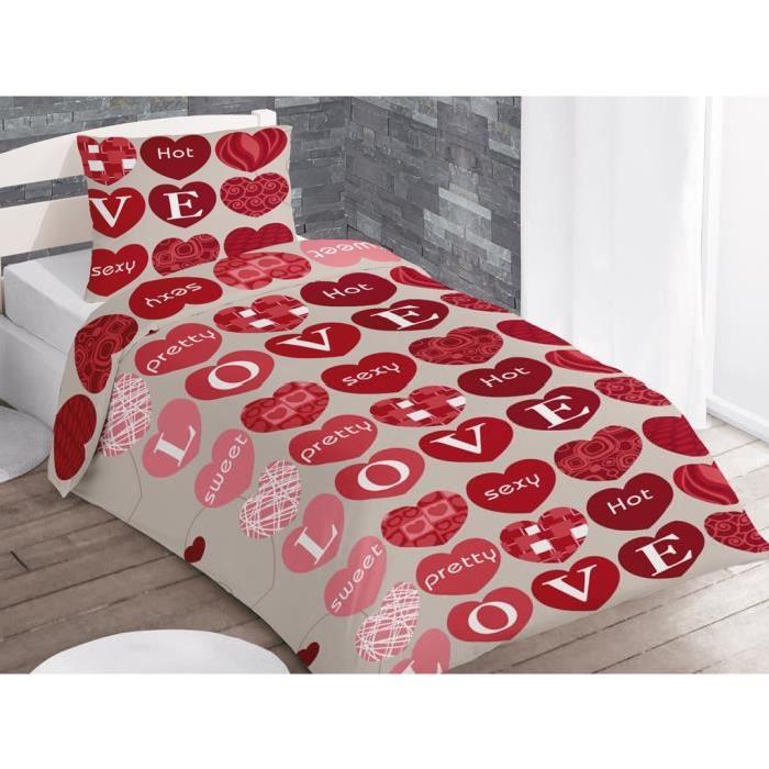 SOLEIL D'OCRE Parure de couette Pretty love - 1 housse de couette 140x200 cm + 1 taie 63x63 cm naturel et rouge