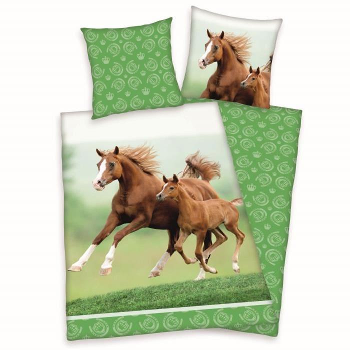 Parure de couette enfant motif Chevaux 100% coton - 1 housse de couette 140x200 cm + 1 taie d'oreiler 65x65 cm vert et marron