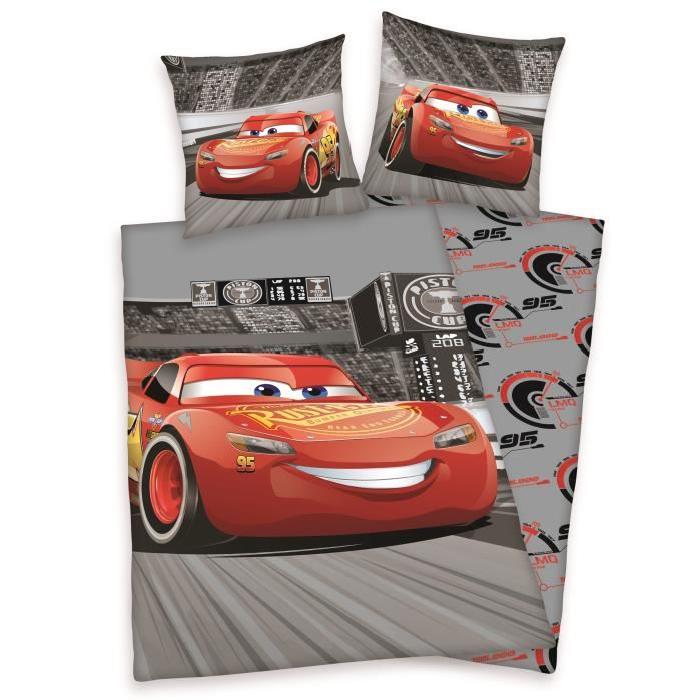 CARS Parure de couette enfant 100% Coton - 1 housse de couette 140x200 cm + 1 taie d'oreiller 65x65 cm gris et rouge