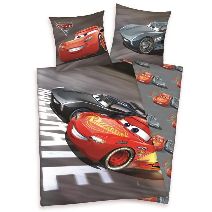 CARS 3 Parure de couette 100% Coton - 1 housse de couette 140x200cm + 1 taie d'oreiller 65x65cm gris et rouge