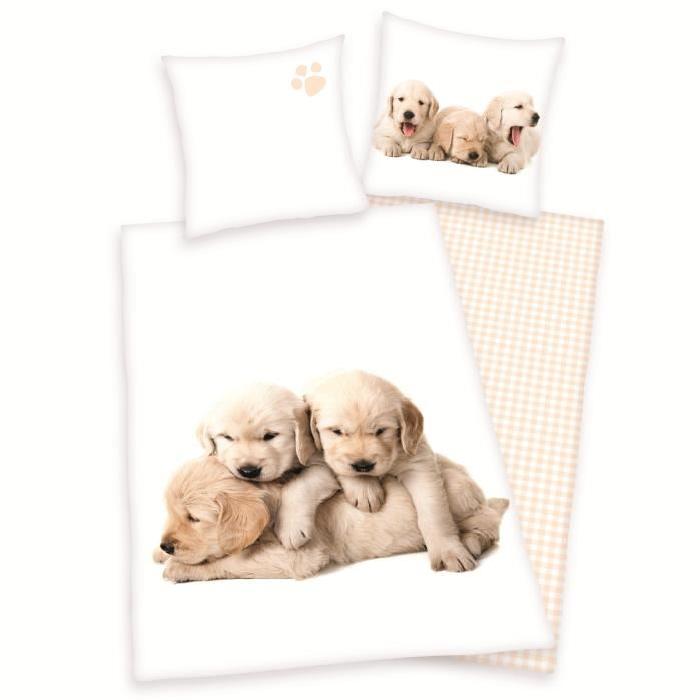 Parure de couette enfant Chiots 100% coton - 1 housse de couette 140x200 cm + 1 taie d'oreiller 65x65 cm blanc