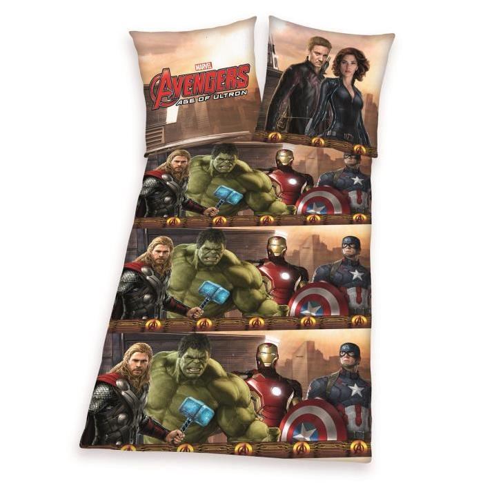 Parure de couette Avengers 100% coton - Housse de couette 140x200 cm + 1 taie d'oreiller vert et rouge