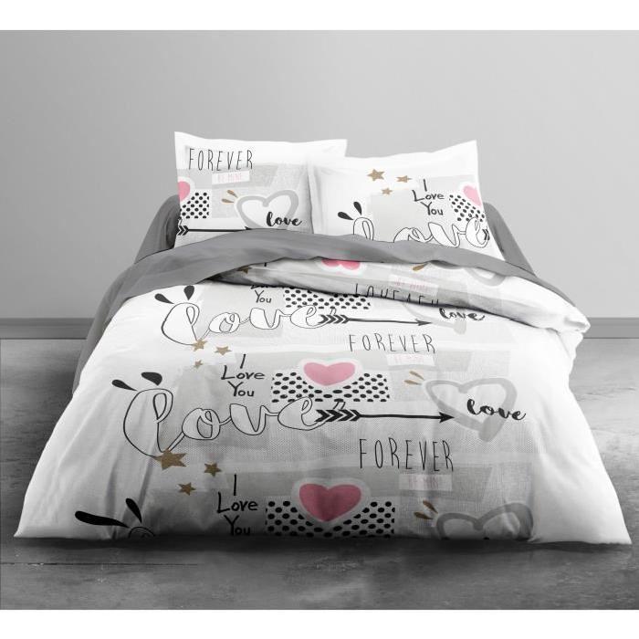 TODAY Parure de couette Enjoy Forever 100% coton - 1 housse de couette 220x240 cm + 2 taies 63x63 cm blanc, noir et rose