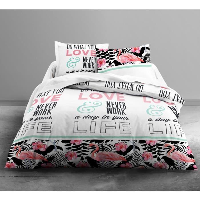 TODAY Parure de couette Enjoy Love Flamingo 100% coton - 1 housse de couette 220x240 cm + 2 taies 63x63 cm blanc, rose et noir