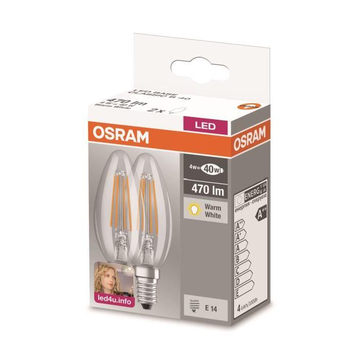 OSRAM Lot de 2 Ampoules LED E14 flamme claire 4 W équivalent a 40 W blanc chaud