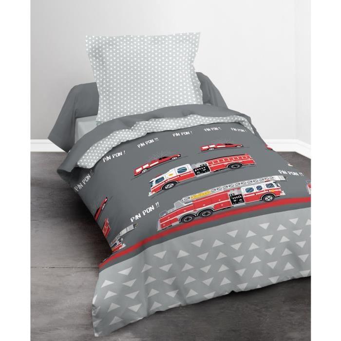 TODAY Parure de couette Happy Fireman 100% Coton - 1 housse de couette 140x200 cm + 1 taie 63x63 cm gris et rouge