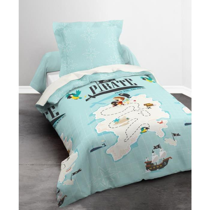 TODAY Parure de couette Happy Karaibe 100% Coton - 1 housse de couette 140x200 cm + 1 taie 63x63 cm bleu et multicolore