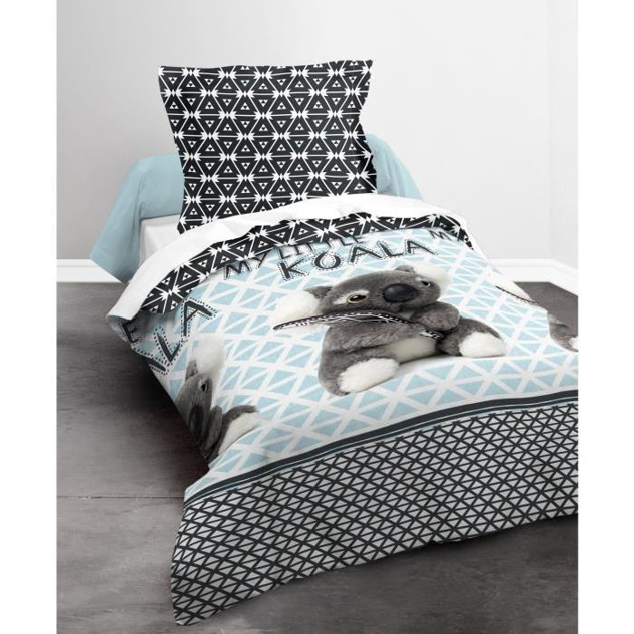 TODAY Parure de couette Happy Kaolo 100% Coton - 1 housse de couette 140x200 cm + 1 taie 63x63 cm bleu er noir