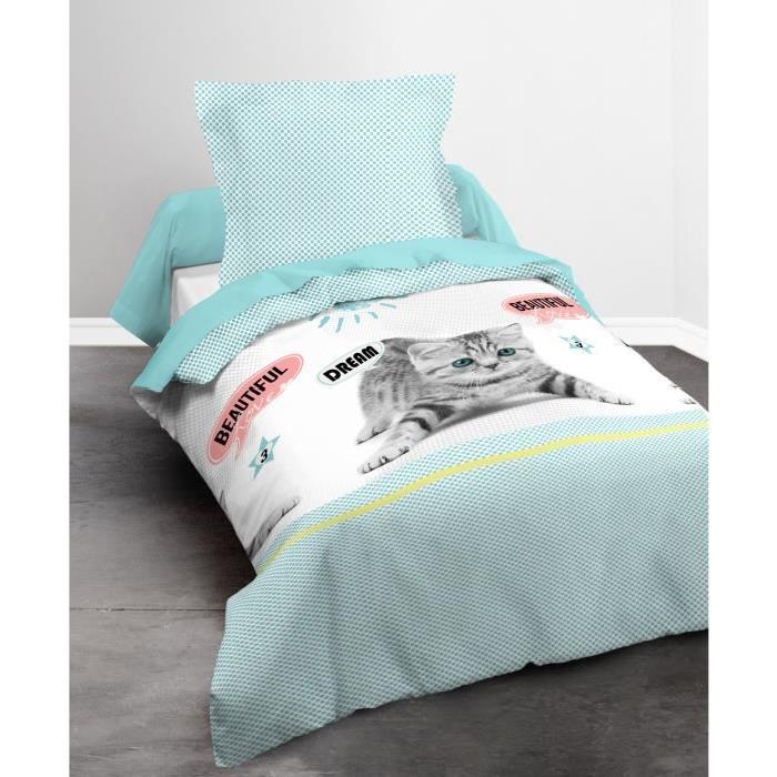 TODAY Parure de couette Happy Sunny Cat 100% Coton - 1 housse de couette 140x200 cm + 1 taie 63x63 cm bleu et multicolore