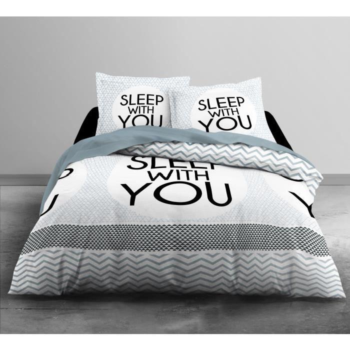 TODAY Parure de couette Enjoy HOME SLEEP HOME 100% coton - 1 housse de couette 220x240 cm + 2 taies 63x63 cm blanc et noir