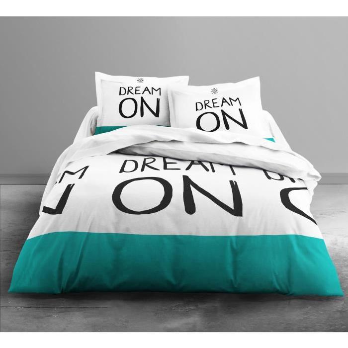 TODAY Parure de couette Enjoy DREAM ON 100% coton - 1 housse de couette 220x240 cm + 2 taies 63x63 cm blanc et bleu