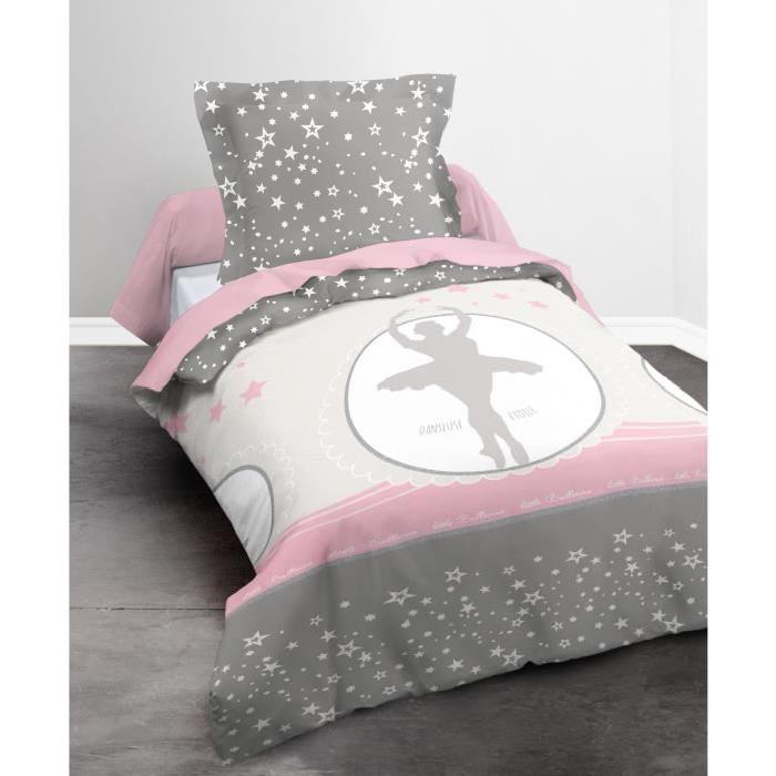 TODAY Parure de couette 100% coton Happy STAR DANCING - 1 housse de couette 140x200 cm + 2 taies 63x63 cm rose et gris